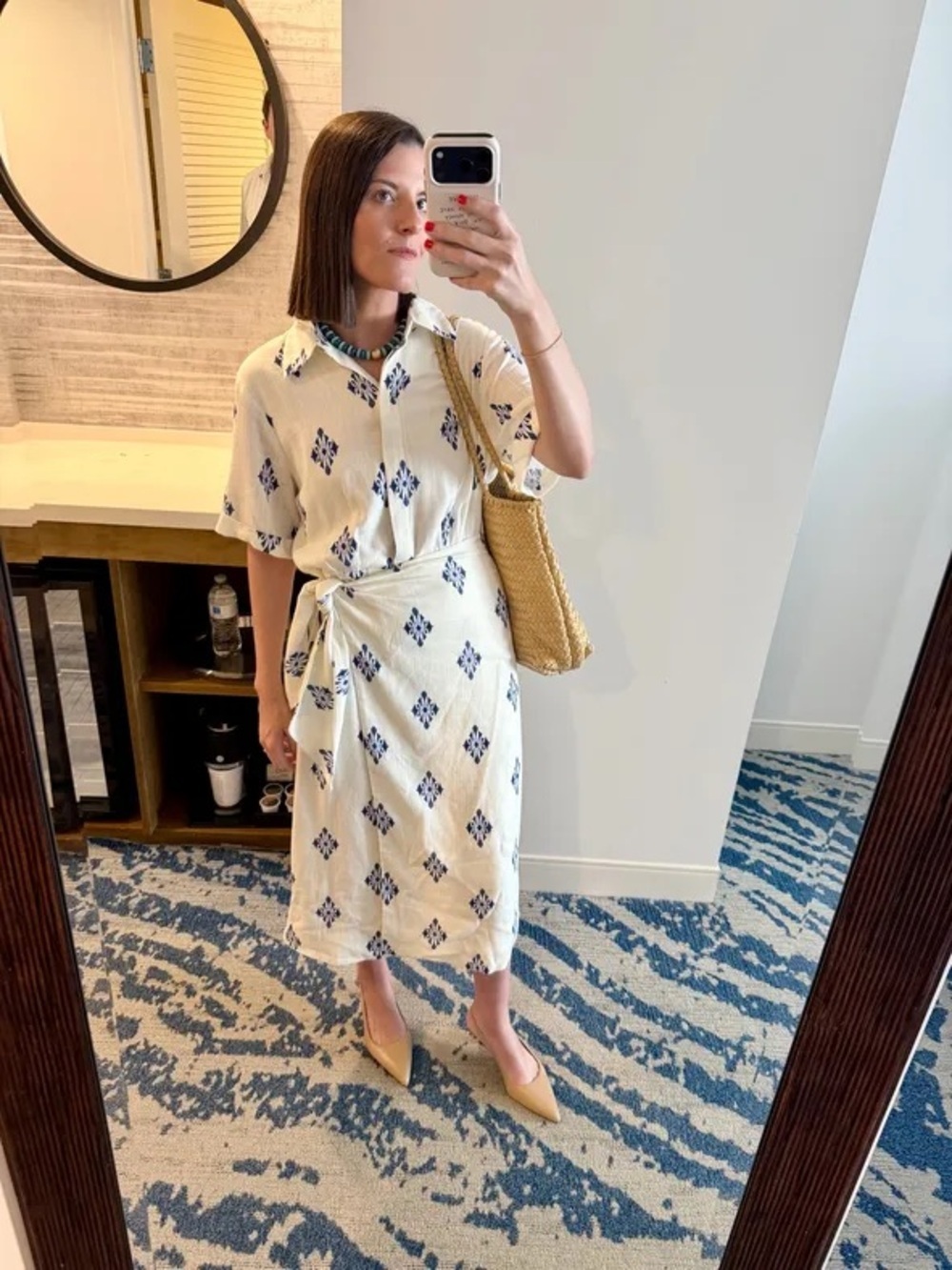 Alex Marie Linen Cream Shirt Dress with Navy Diamond Print